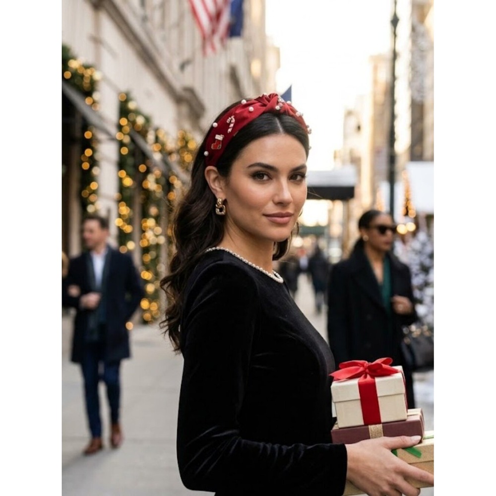 Red Satin Knotted Headband Faux Pearl Candy Cane Christmas Holiday‎ Charms Wide
